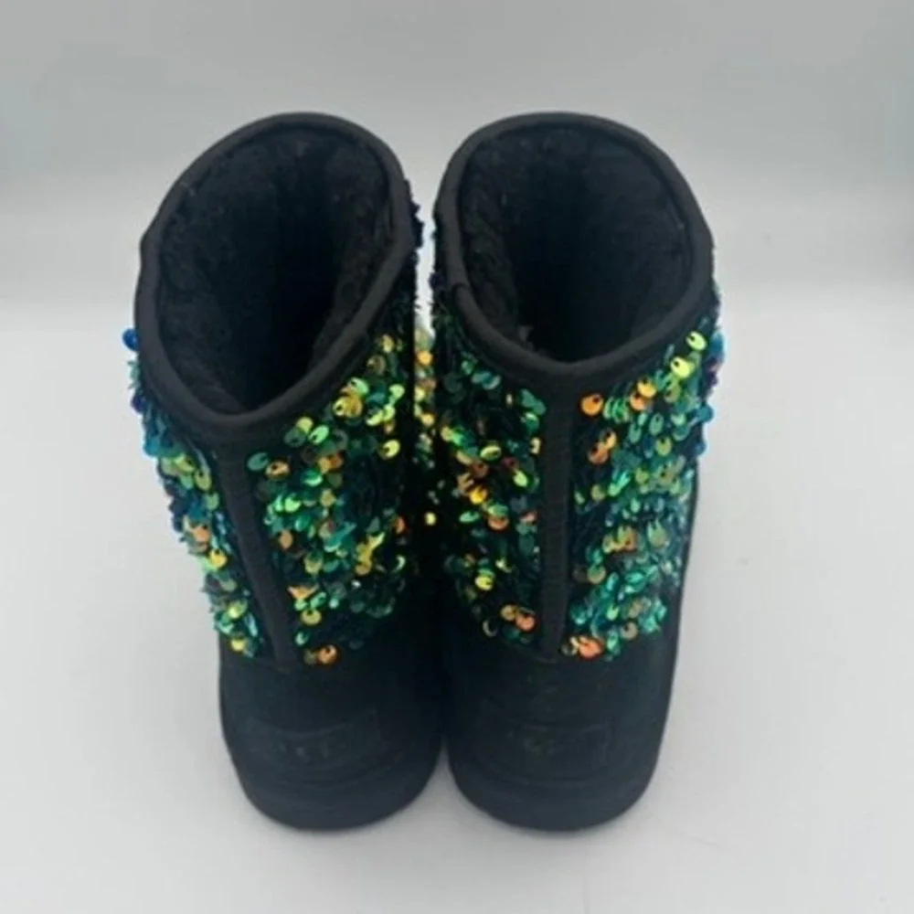 UGG Classic Short Sequin Boots Kids Sz 13 Black Green Iridescent Sparkle Glitter